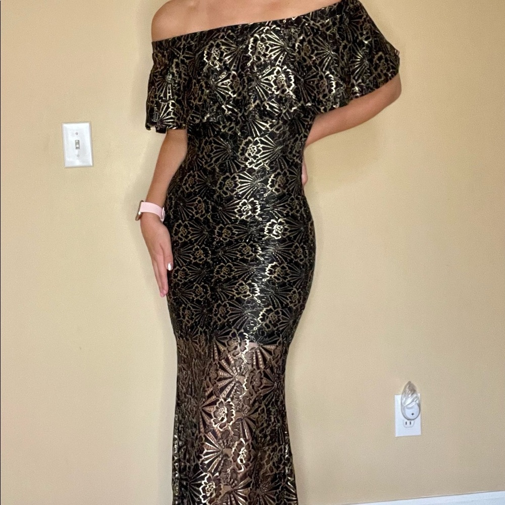 Blithe LA Gold Stitched Off the Shoulder Gown